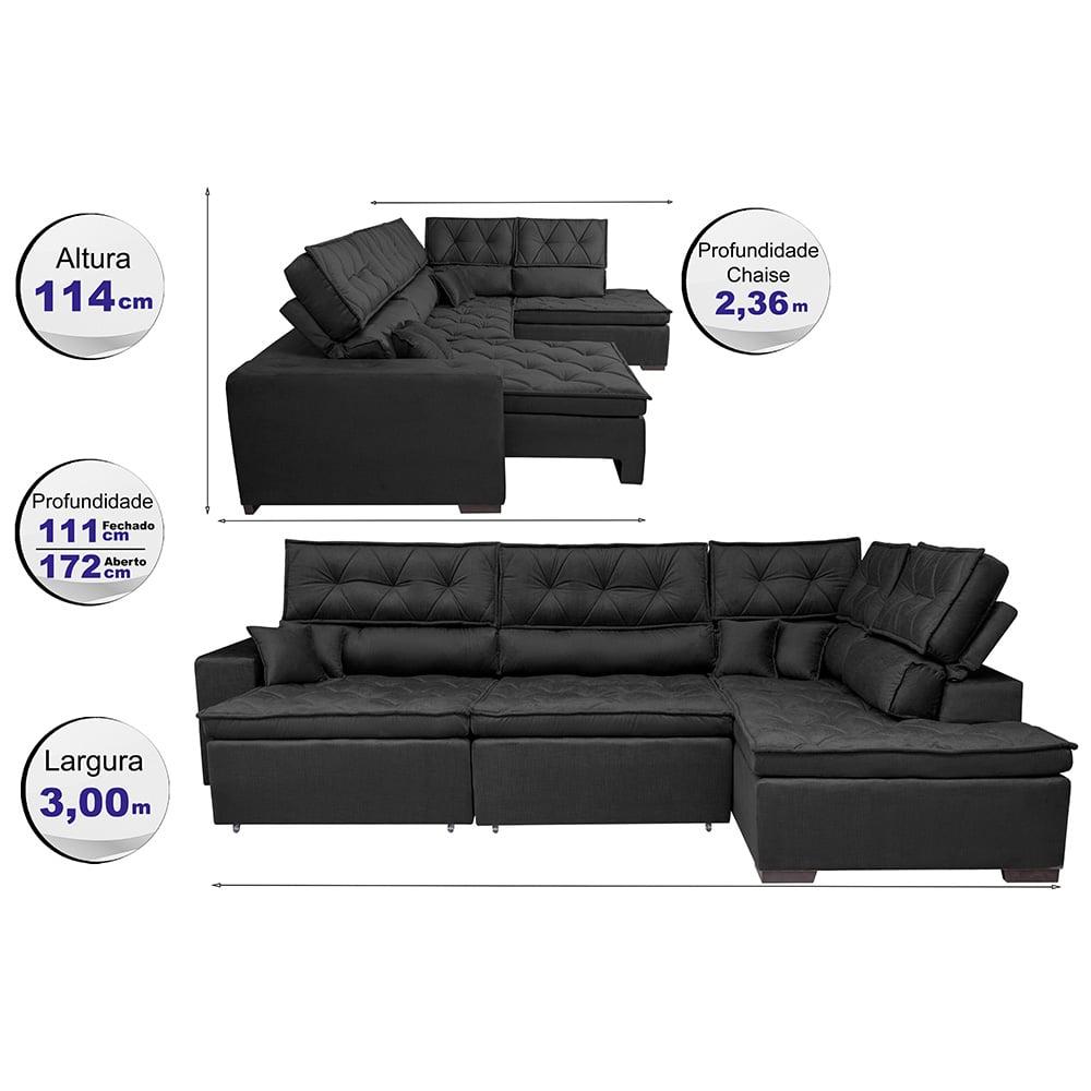 Sofá de Canto Retrátil e Reclinável Direito 3,00x2,36m Molas Cama inBox Espanha Velusoft Preto