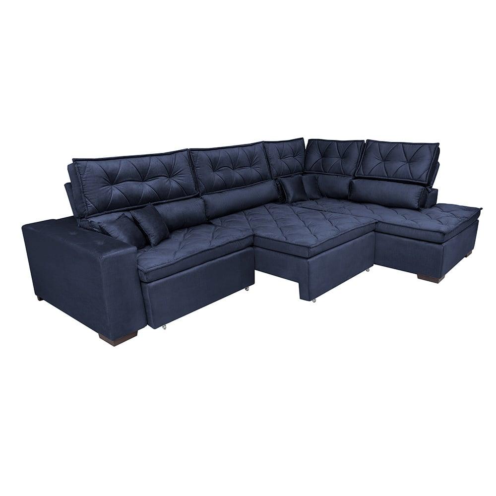 Sofá de Canto Retrátil e Reclinável Direito 3,40x2,36m Molas Cama inBox Espanha Velusoft Azul