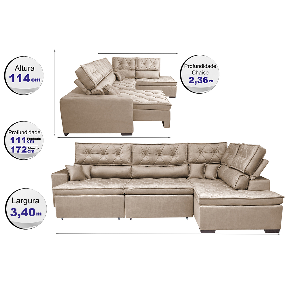 Sofá de Canto Retrátil e Reclinável Direito 3,40x2,36m Molas Cama inBox Espanha Velusoft Bege
