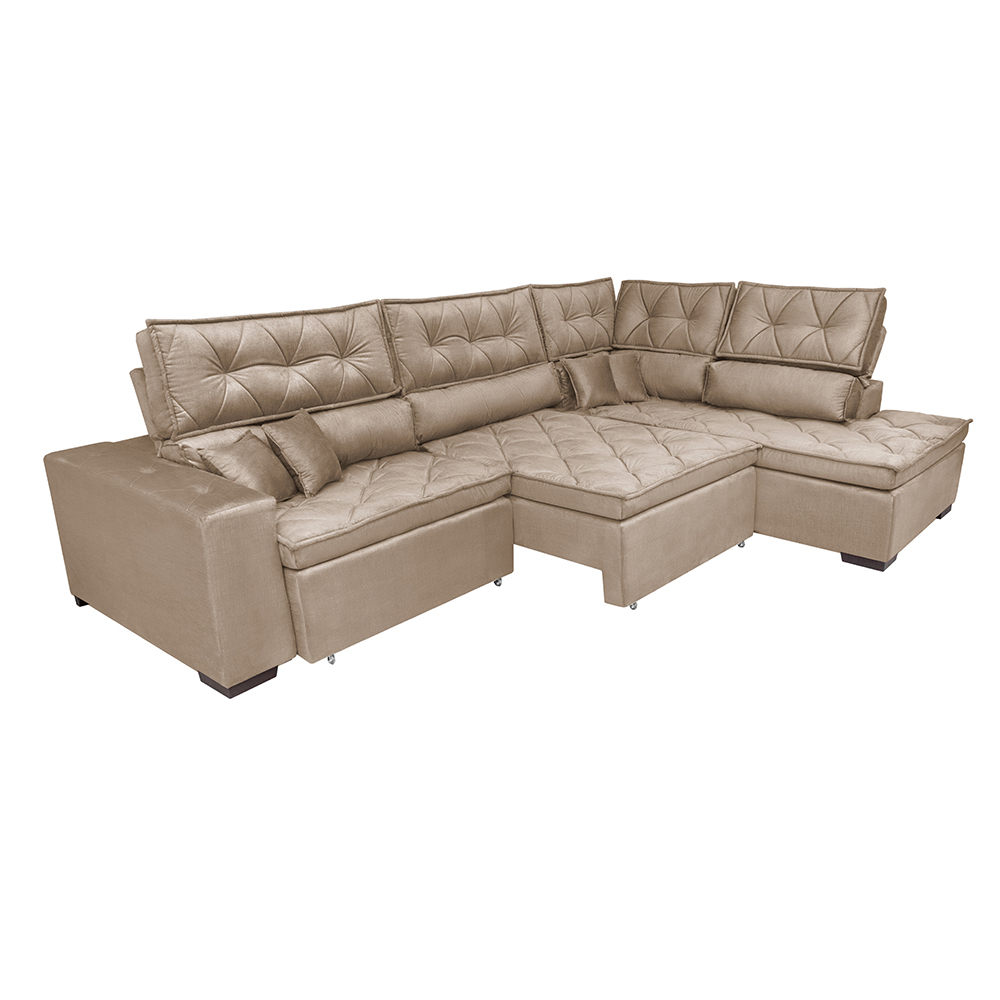 Sofá de Canto Retrátil e Reclinável Direito 3,40x2,36m Molas Cama inBox Espanha Velusoft Bege