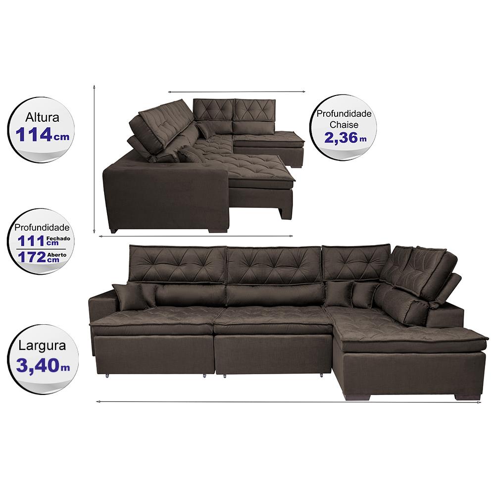 Sofá de Canto Retrátil e Reclinável Direito 3,40x2,36m Molas Cama inBox Espanha Velusoft Café