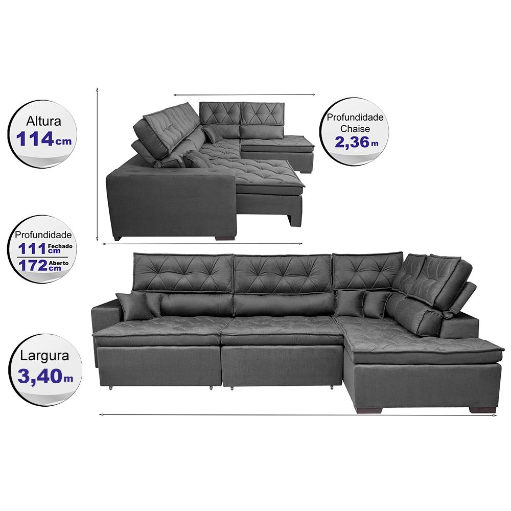 Sofá de Canto Retrátil e Reclinável Direito 3,40x2,36m Molas Cama inBox Espanha Velusoft Cinza