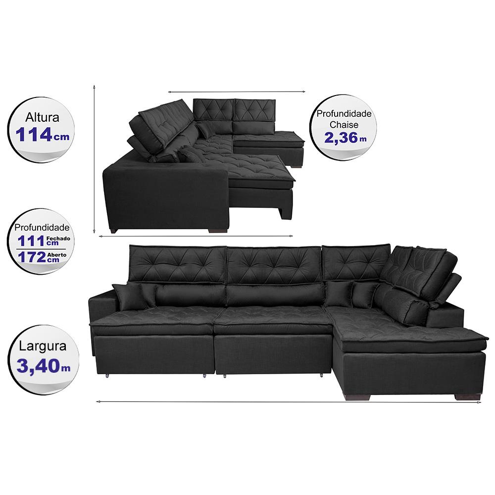Sofá de Canto Retrátil e Reclinável Direito 3,40x2,36m Molas Cama inBox Espanha Velusoft Preto