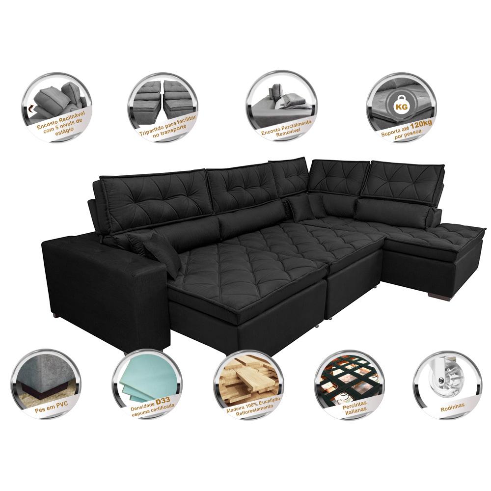 Sofá de Canto Retrátil e Reclinável Direito 3,40x2,36m Molas Cama inBox Espanha Velusoft Preto