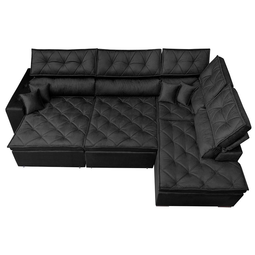 Sofá de Canto Retrátil e Reclinável Direito 3,40x2,36m Molas Cama inBox Espanha Velusoft Preto