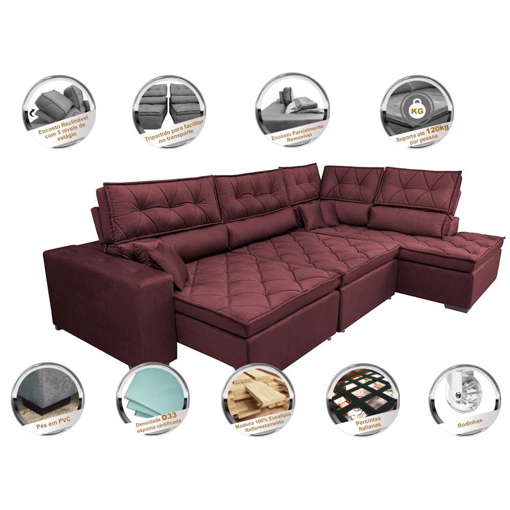 Sofá de Canto Retrátil e Reclinável Direito 3,40x2,36m Molas Cama inBox Espanha Velusoft Vinho