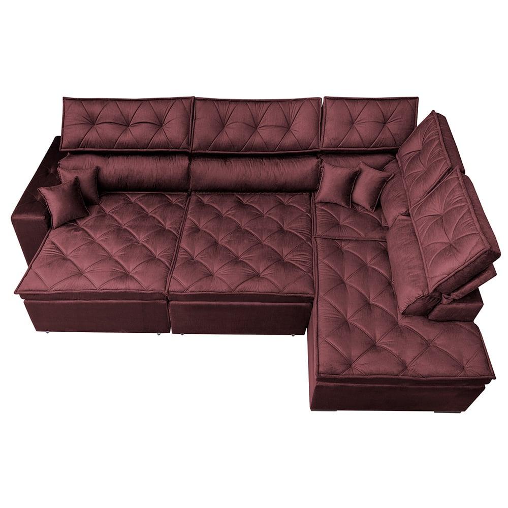 Sofá de Canto Retrátil e Reclinável Direito 3,40x2,36m Molas Cama inBox Espanha Velusoft Vinho