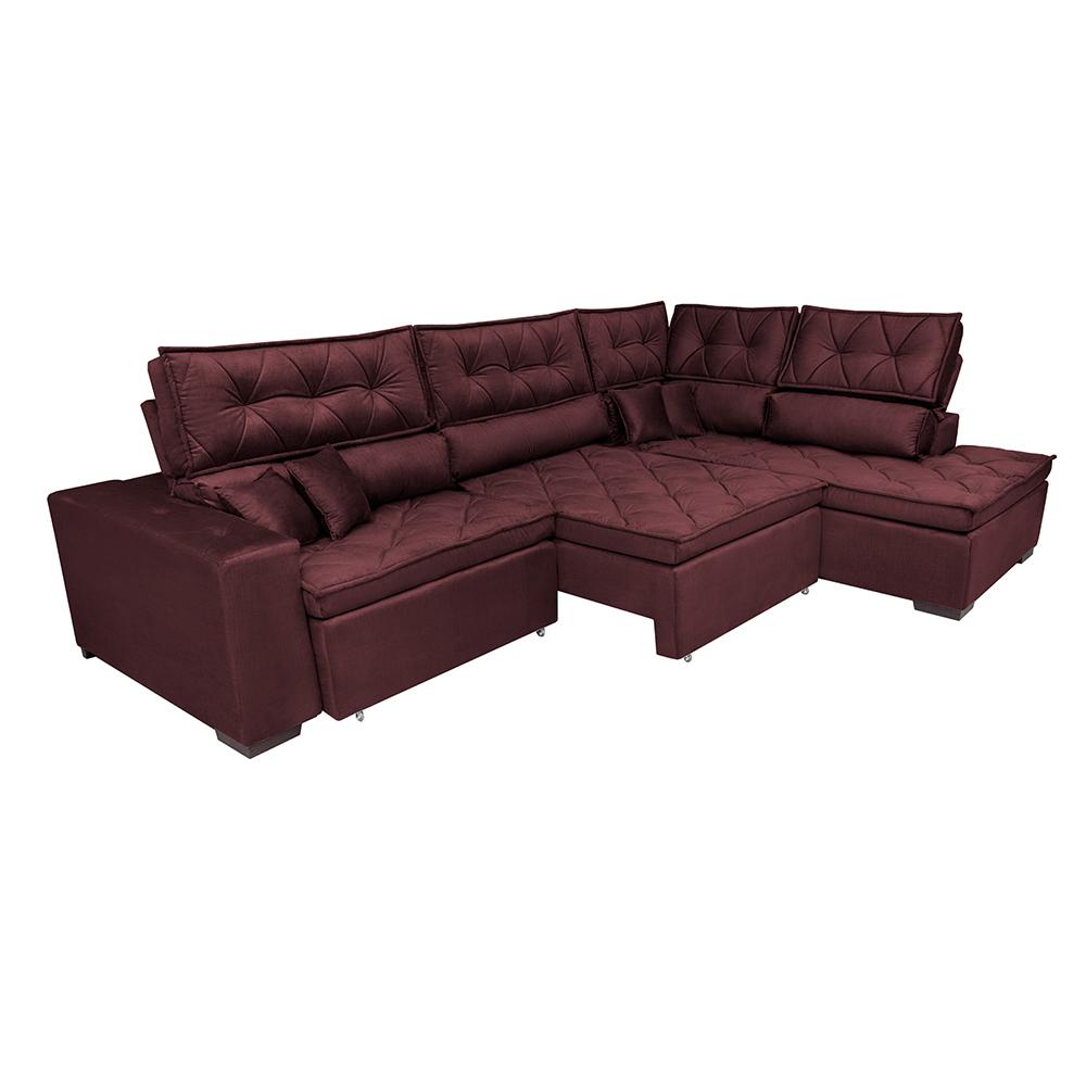 Sofá de Canto Retrátil e Reclinável Direito 3,40x2,36m Molas Cama inBox Espanha Velusoft Vinho