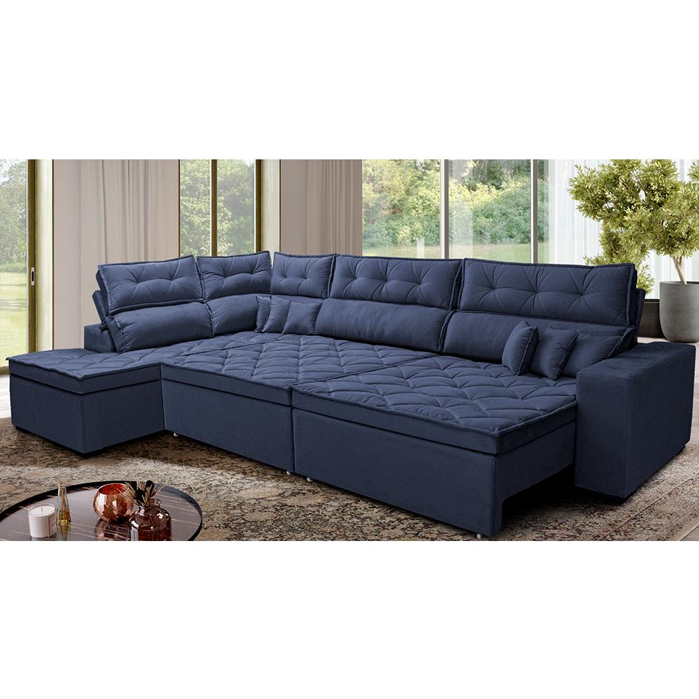 Sofá de Canto Retrátil e Reclinável Esquerdo 3,00x2,36m Molas Cama inBox Espanha Velusoft Azul