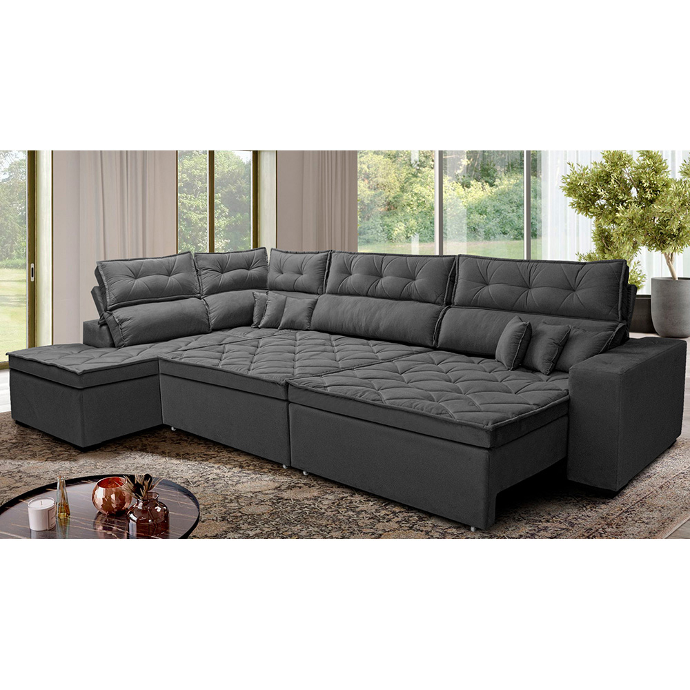 Sofá de Canto Retrátil e Reclinável Esquerdo 3,00x2,36m Molas Cama inBox Espanha Velusoft Cinza
