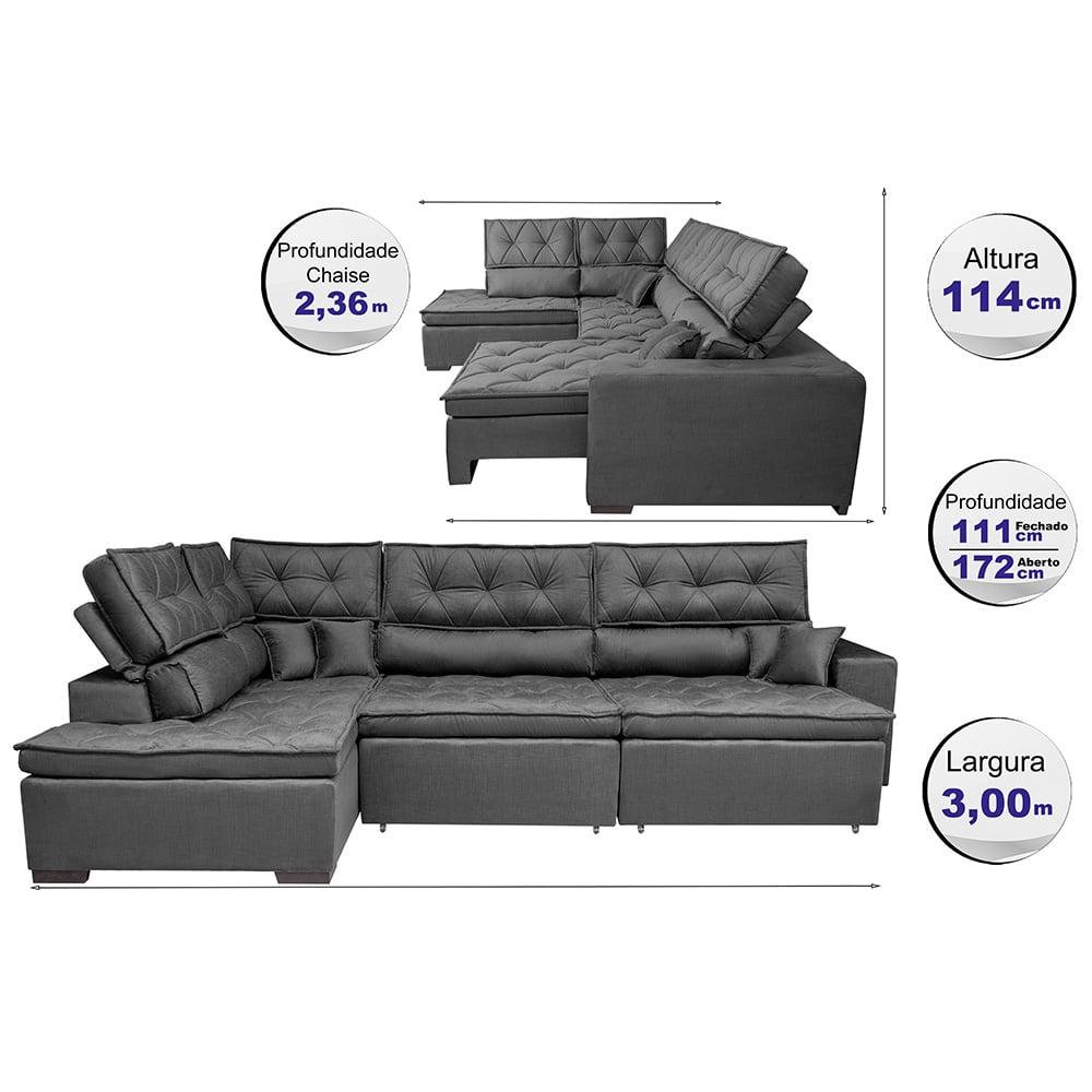Sofá de Canto Retrátil e Reclinável Esquerdo 3,00x2,36m Molas Cama inBox Espanha Velusoft Cinza