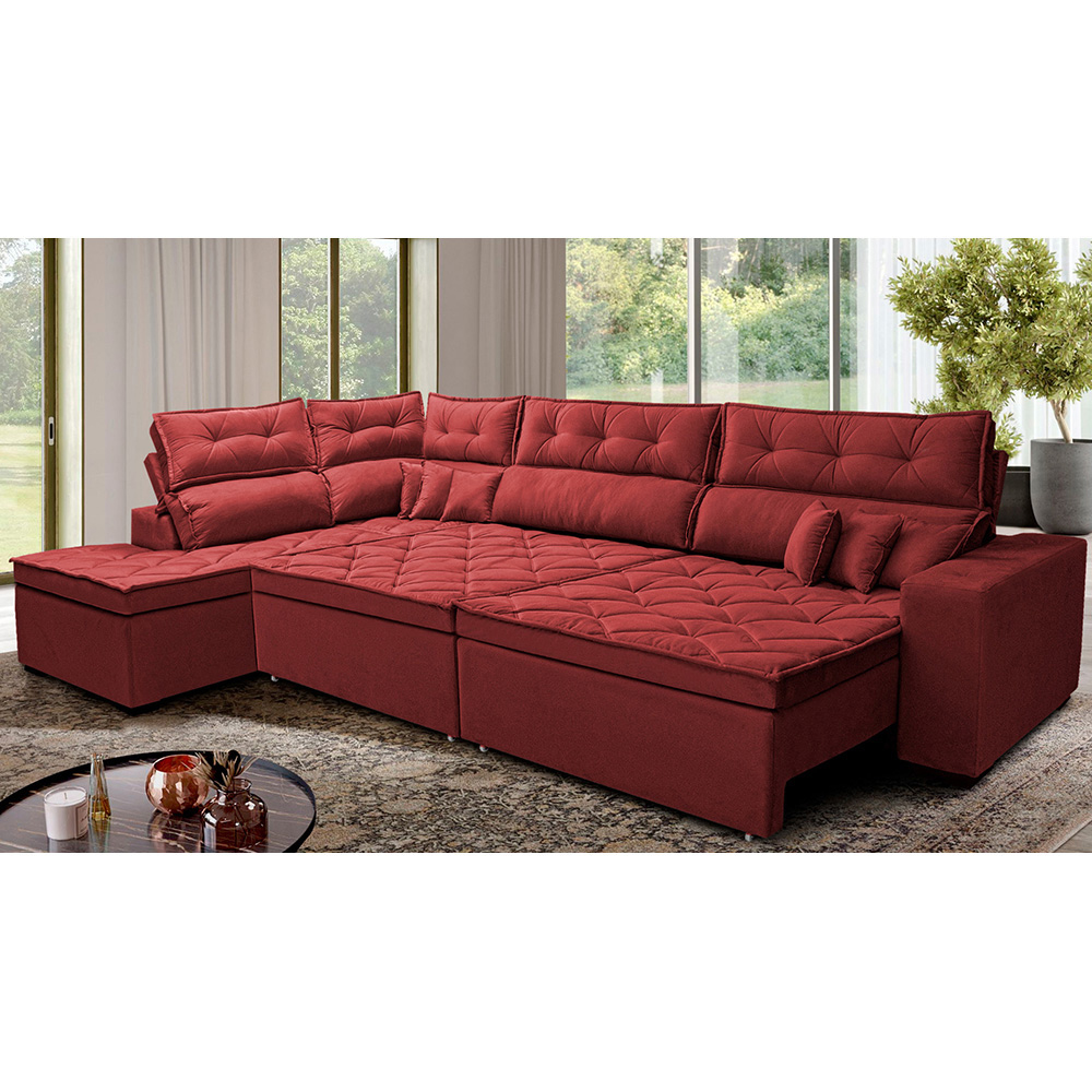 Sofá de Canto Retrátil e Reclinável Esquerdo 3,00x2,36m Molas Cama inBox Espanha Velusoft Vermelho