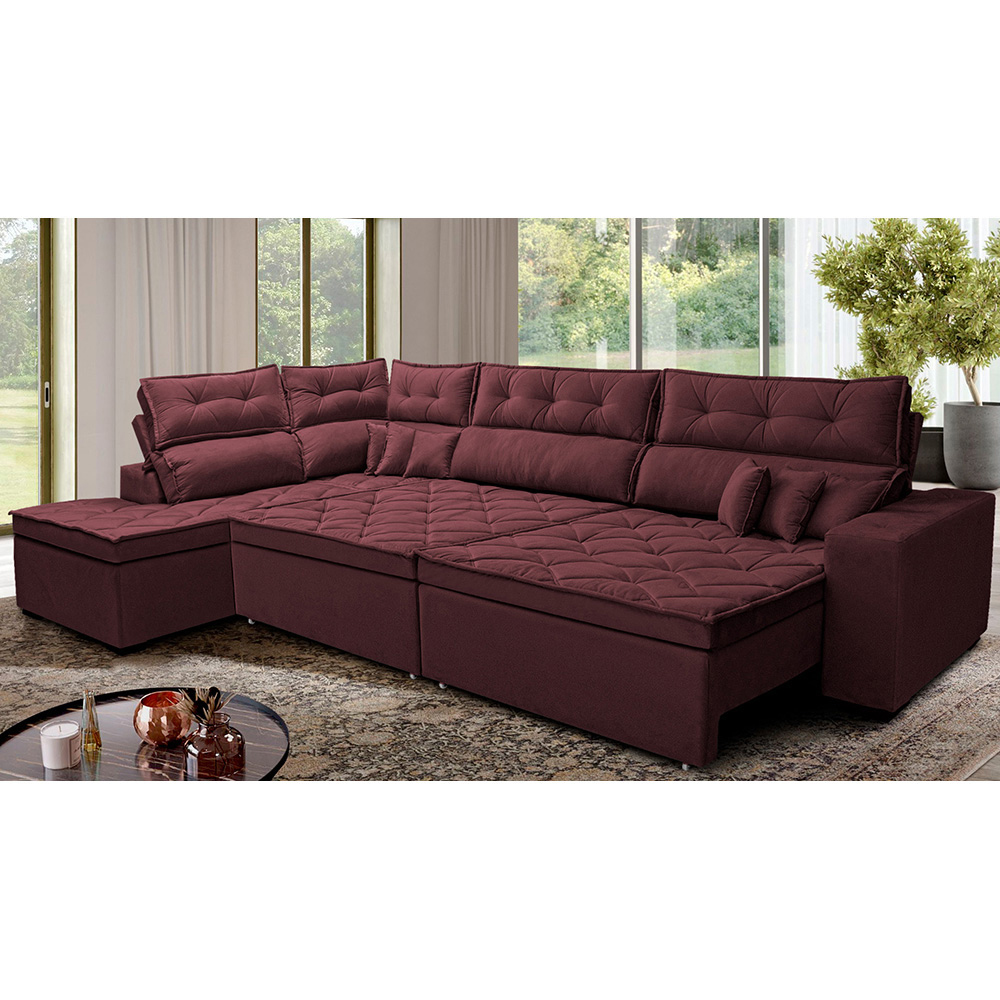 Sofá de Canto Retrátil e Reclinável Esquerdo 3,00x2,36m Molas Cama inBox Espanha Velusoft Vinho