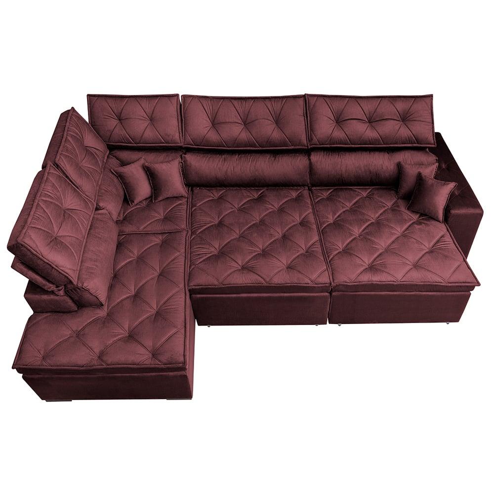 Sofá de Canto Retrátil e Reclinável Esquerdo 3,00x2,36m Molas Cama inBox Espanha Velusoft Vinho