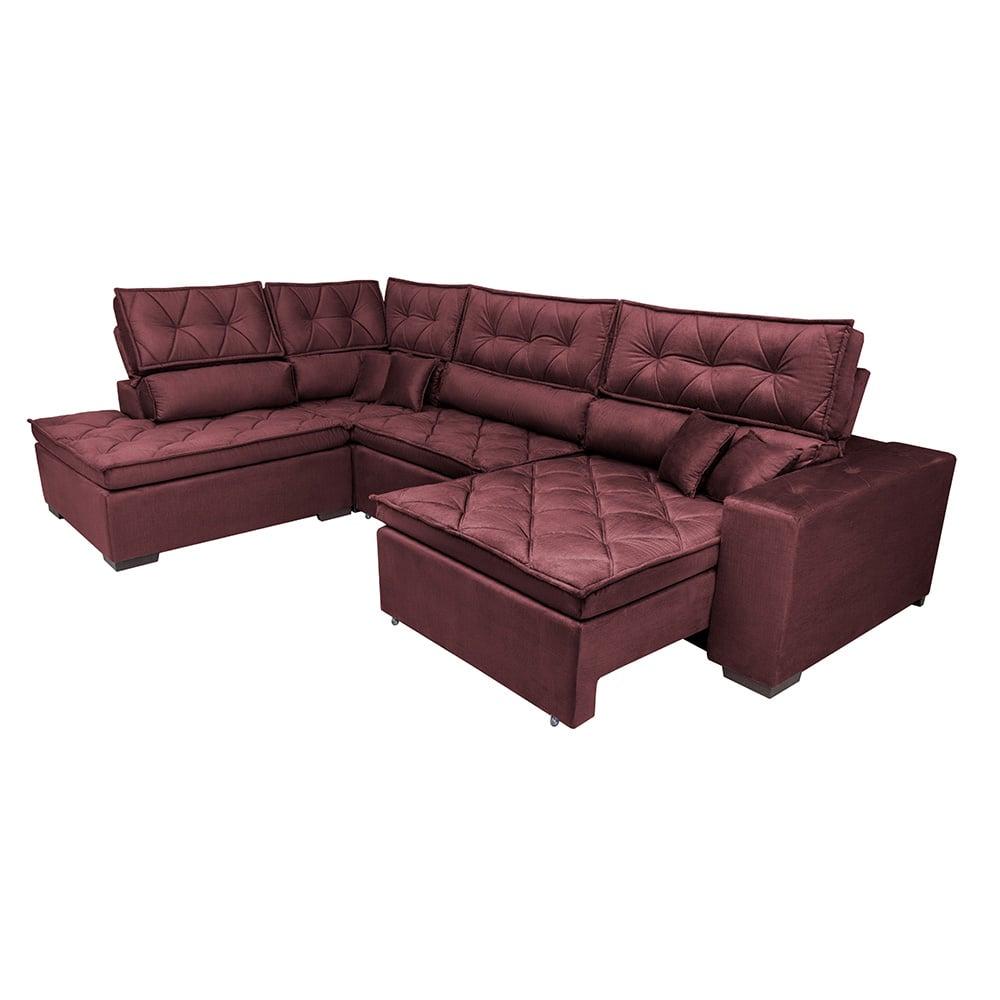 Sofá de Canto Retrátil e Reclinável Esquerdo 3,00x2,36m Molas Cama inBox Espanha Velusoft Vinho