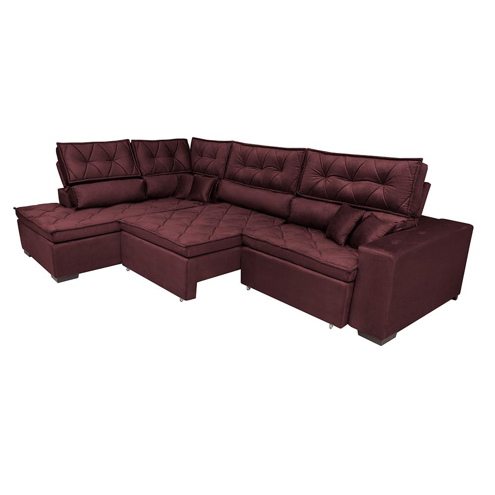 Sofá de Canto Retrátil e Reclinável Esquerdo 3,00x2,36m Molas Cama inBox Espanha Velusoft Vinho