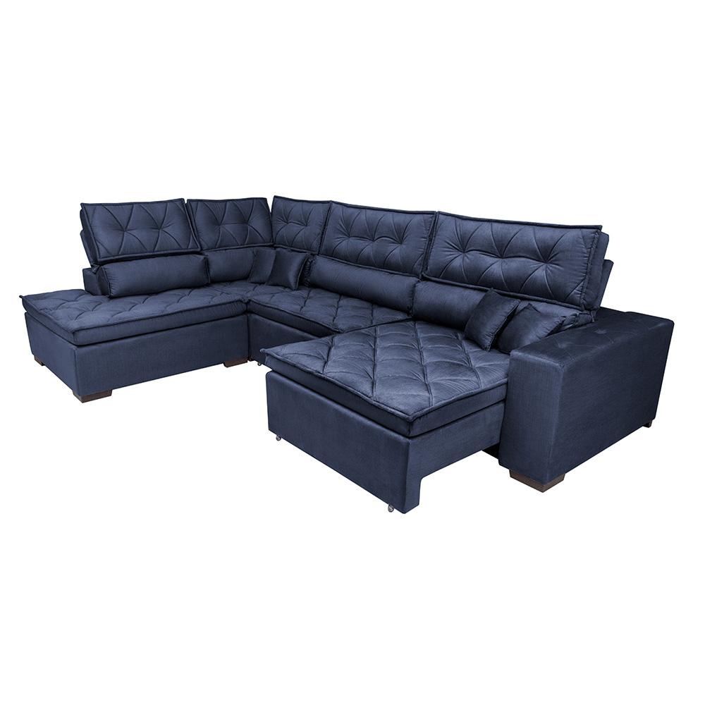 Sofá de Canto Retrátil e Reclinável Esquerdo 3,40x2,36m Molas Cama inBox Espanha Velusoft Azul