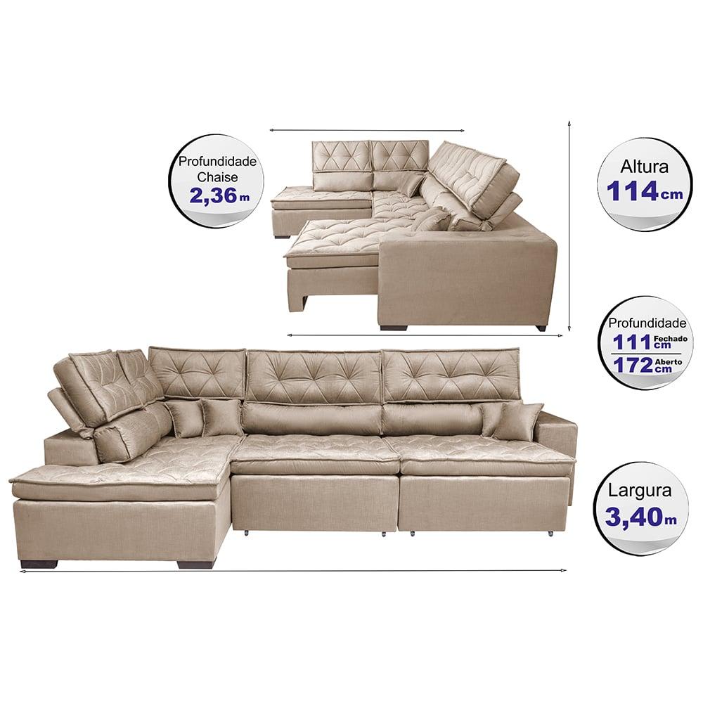 Sofá de Canto Retrátil e Reclinável Esquerdo 3,40x2,36m Molas Cama inBox Espanha Velusoft Bege