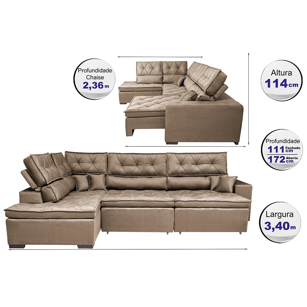 Sofá de Canto Retrátil e Reclinável Esquerdo 3,40x2,36m Molas Cama inBox Espanha Velusoft Castor