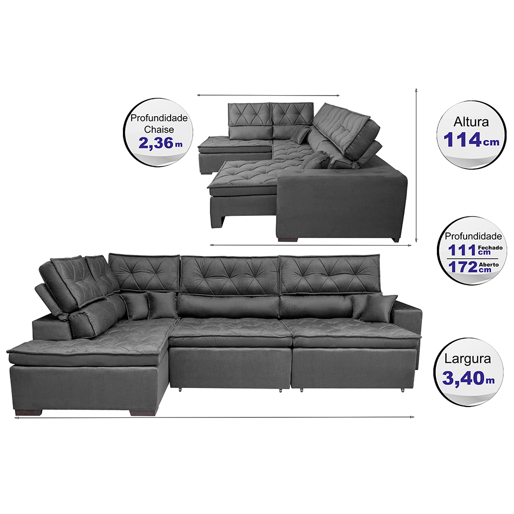 Sofá de Canto Retrátil e Reclinável Esquerdo 3,40x2,36m Molas Cama inBox Espanha Velusoft Cinza