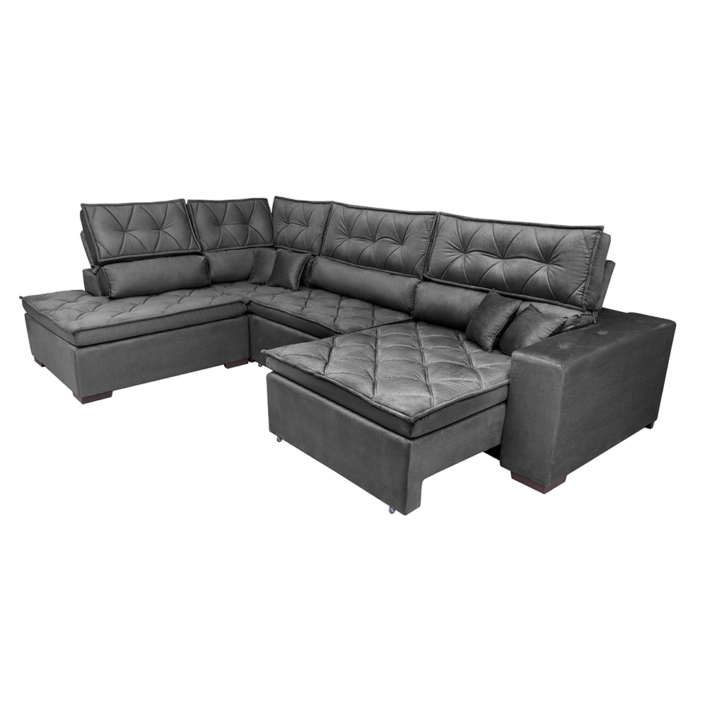 Sofá de Canto Retrátil e Reclinável Esquerdo 3,40x2,36m Molas Cama inBox Espanha Velusoft Cinza