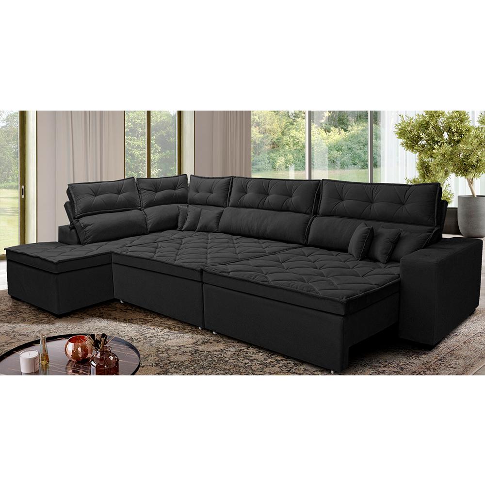 Sofá de Canto Retrátil e Reclinável Esquerdo 3,40x2,36m Molas Cama inBox Espanha Velusoft Preto