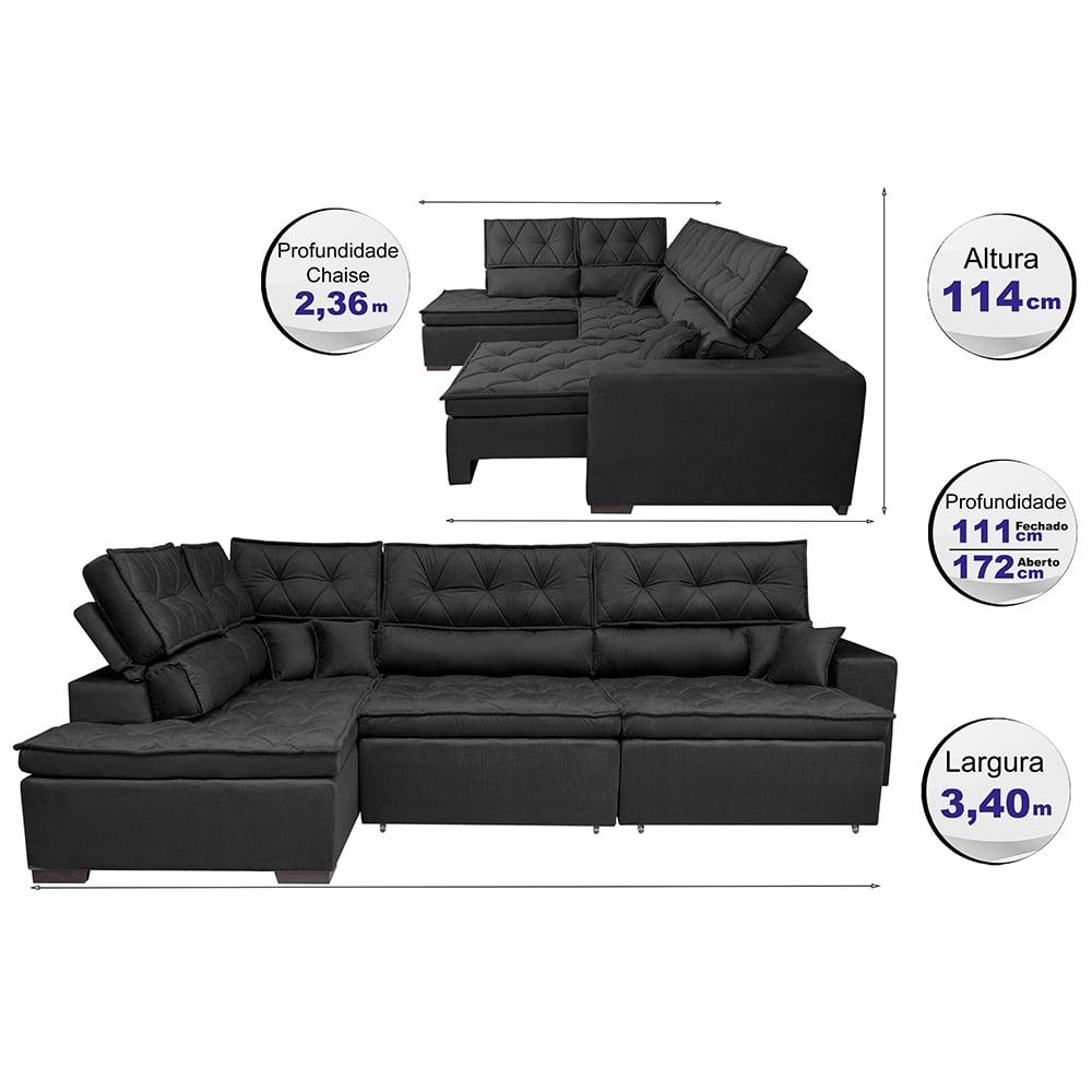 Sofá de Canto Retrátil e Reclinável Esquerdo 3,40x2,36m Molas Cama inBox Espanha Velusoft Preto
