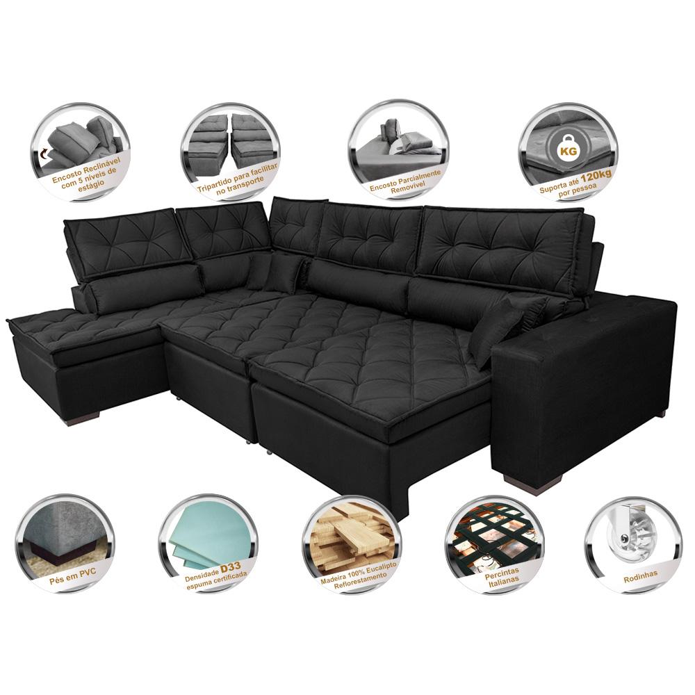 Sofá de Canto Retrátil e Reclinável Esquerdo 3,40x2,36m Molas Cama inBox Espanha Velusoft Preto