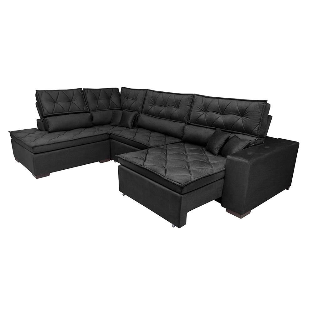 Sofá de Canto Retrátil e Reclinável Esquerdo 3,40x2,36m Molas Cama inBox Espanha Velusoft Preto