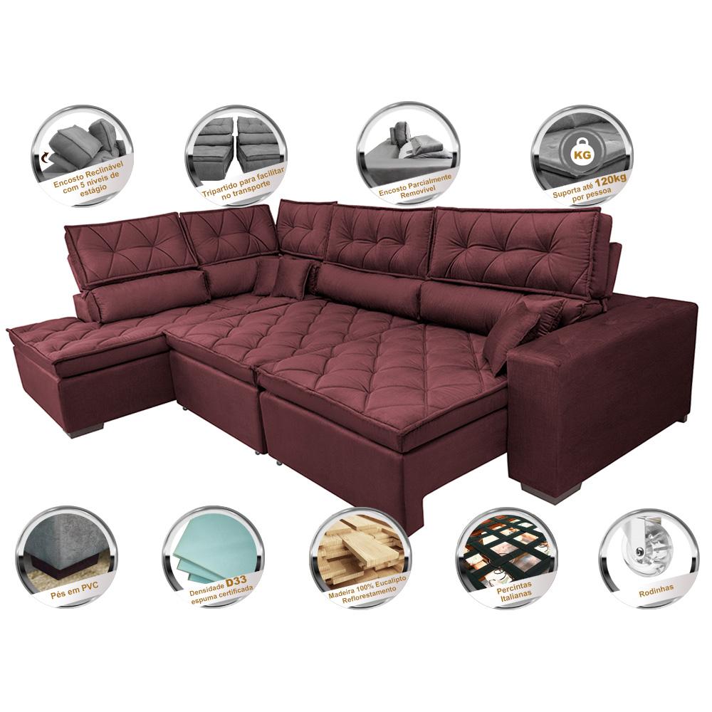 Sofá de Canto Retrátil e Reclinável Esquerdo 3,40x2,36m Molas Cama inBox Espanha Velusoft Vinho