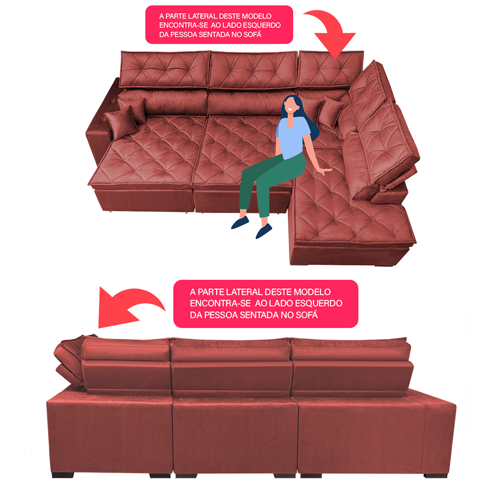 Sofá de Canto Retrátil e Reclinável com Molas Cama inBox Platinum 3,00x2,36 Tecido Suede Vermelho