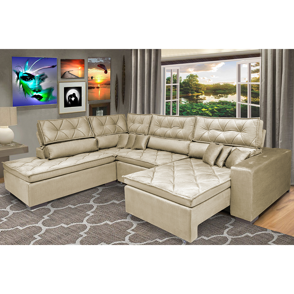 Sofá de Canto Retrátil e Reclinável com Molas Cama inBox Platinum Esquerdo 3,00x2,36 Suede Bege