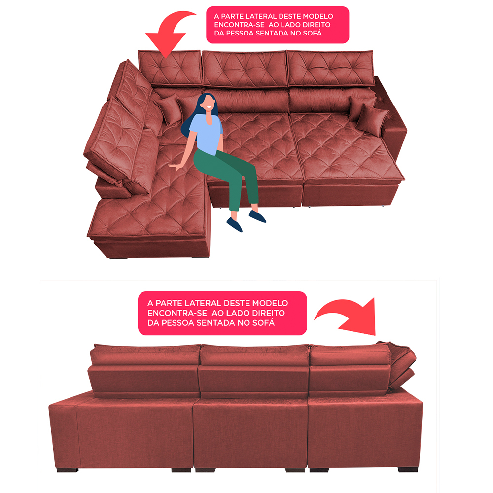 Sofá de Canto Retrátil e Reclinável com Molas Cama inBox Platinum Esquerdo 3,00x2,36 Suede Vermelho