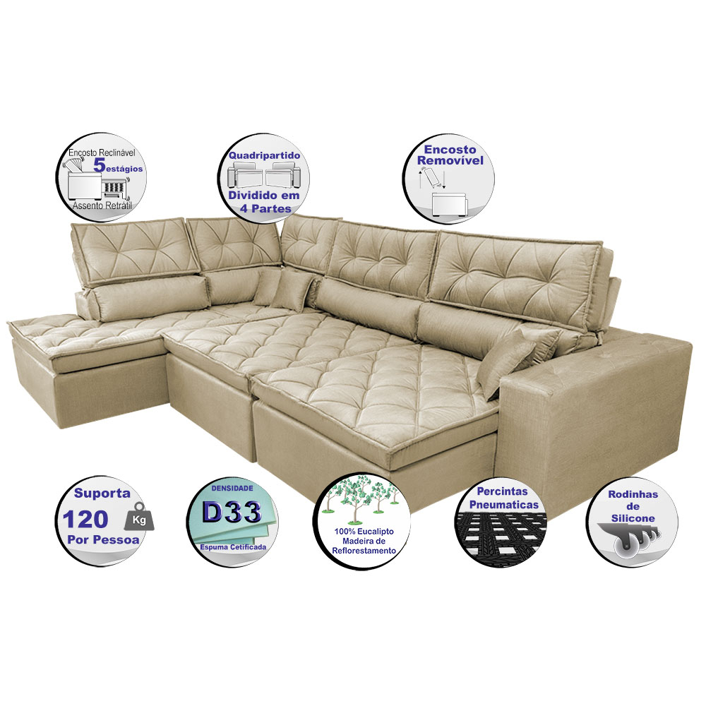 Sofá de Canto Retrátil e Reclinável com Molas Cama inBox Platinum Esquerdo 3,40x2,36 Suede Bege