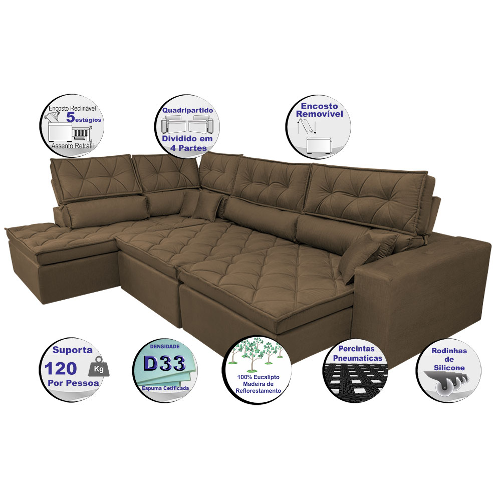 Sofá de Canto Retrátil e Reclinável com Molas Cama inBox Platinum Esquerdo 3,40x2,36 Suede Café