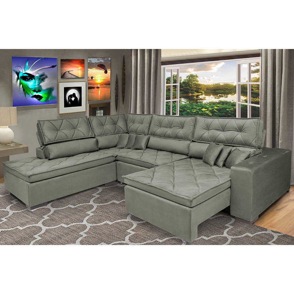 Sofá de Canto Retrátil e Reclinável com Molas Cama inBox Platinum Esquerdo 3,40x2,36 Suede Cinza