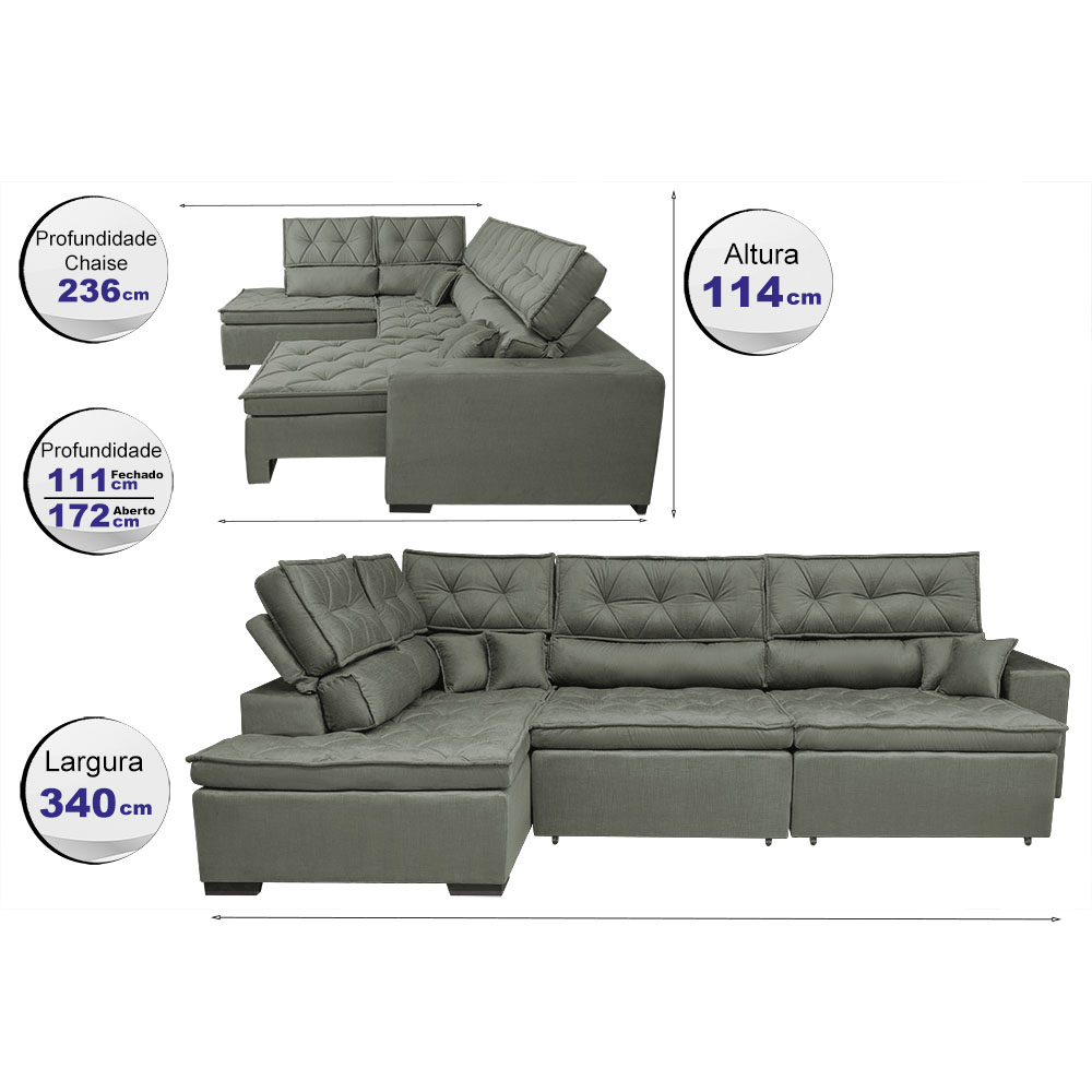 Sofá de Canto Retrátil e Reclinável com Molas Cama inBox Platinum Esquerdo 3,40x2,36 Suede Cinza