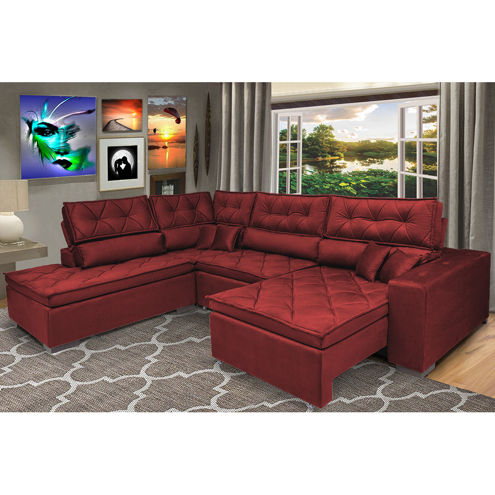 Sofá de Canto Retrátil e Reclinável com Molas Cama inBox Platinum Esquerdo 3,40x2,36 Suede Vermelho