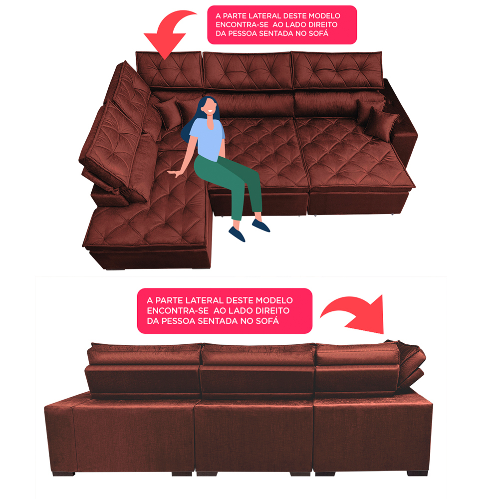 Sofá de Canto Retrátil e Reclinável com Molas Cama inBox Platinum Esquerdo 3,40x2,36 Suede Vinho