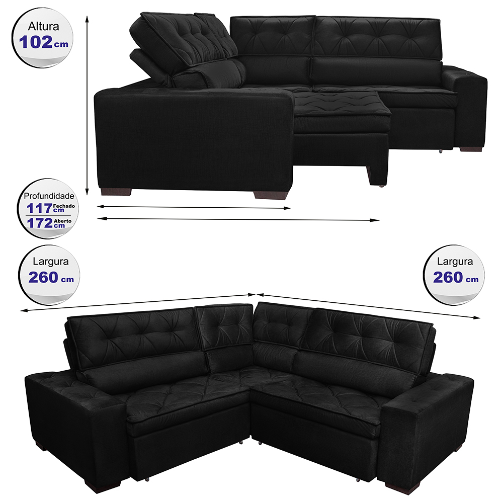 Sofá de Canto Retrátil, Reclinável, Molas Cama inBox Austin 2,60m x 2,60m Suede Velusoft Preto