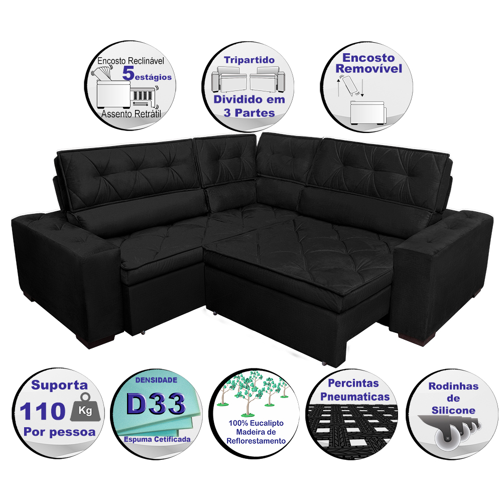 Sofá de Canto Retrátil, Reclinável, Molas Cama inBox Austin 2,60m x 2,60m Suede Velusoft Preto