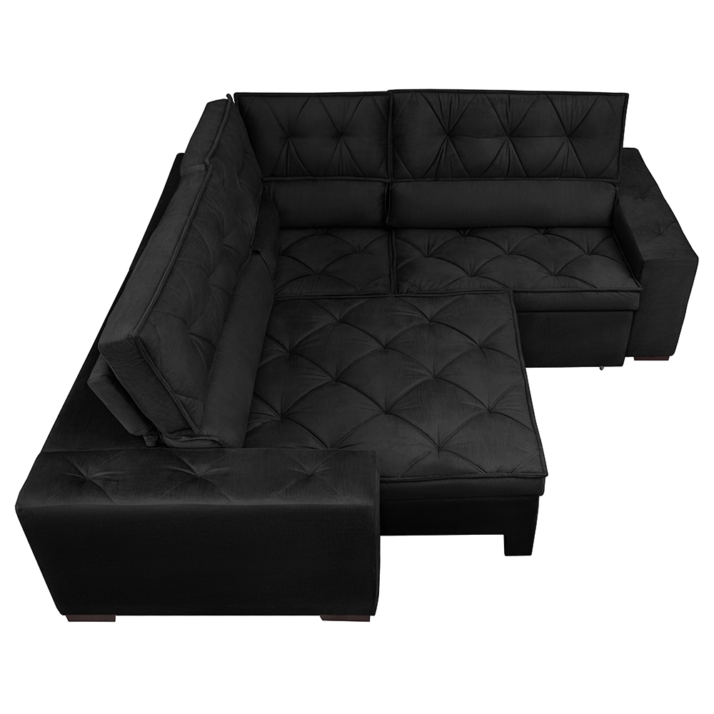 Sofá de Canto Retrátil, Reclinável, Molas Cama inBox Austin 2,60m x 2,60m Suede Velusoft Preto