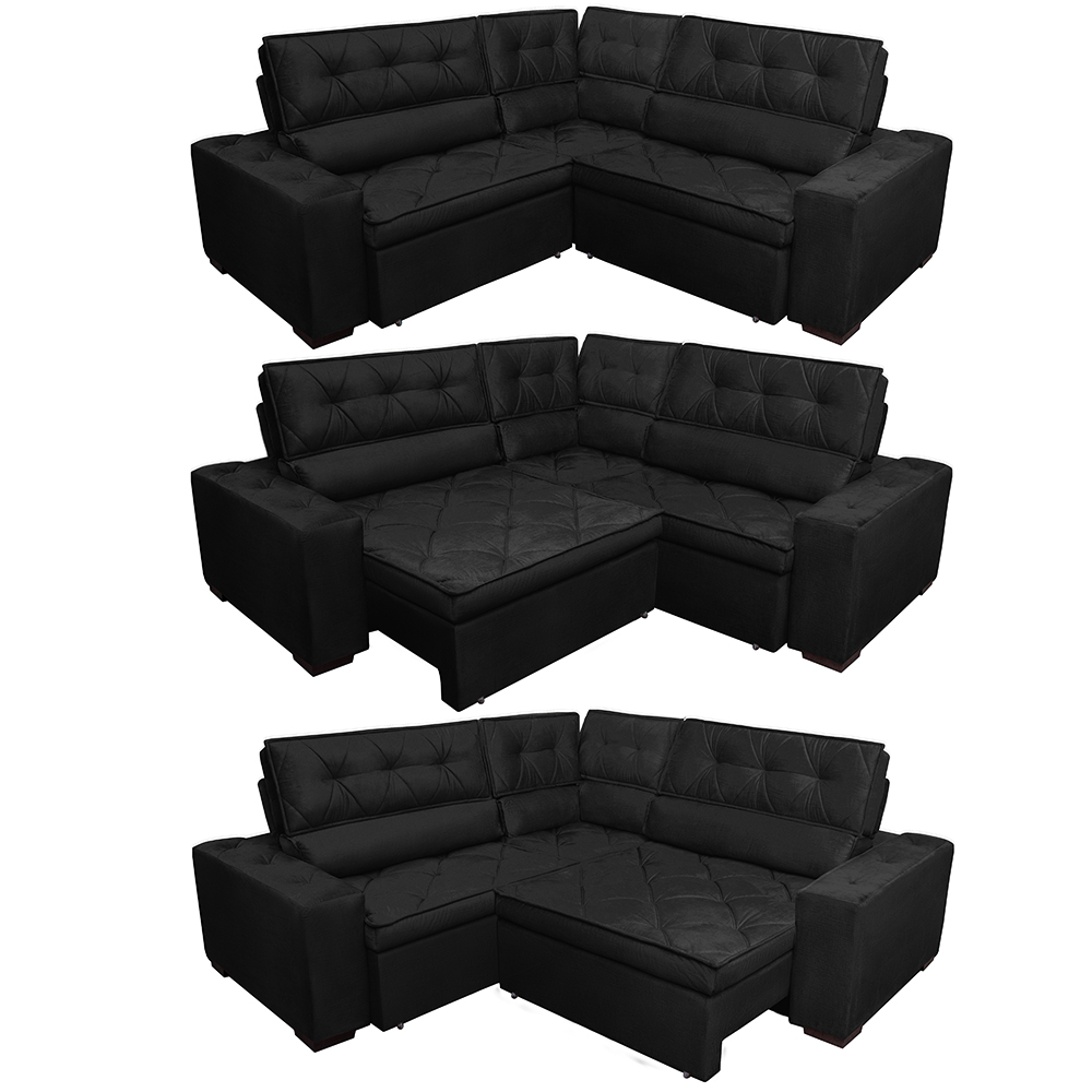 Sofá de Canto Retrátil, Reclinável, Molas Cama inBox Austin 2,60m x 2,60m Suede Velusoft Preto
