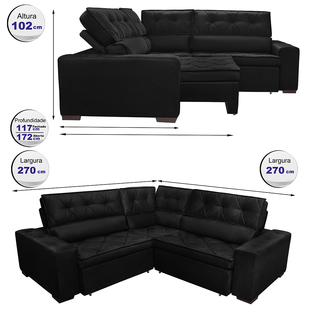 Sofá de Canto Retrátil, Reclinável, Molas Cama inBox Austin 2,70m x 2,70m Suede Velusoft Preto