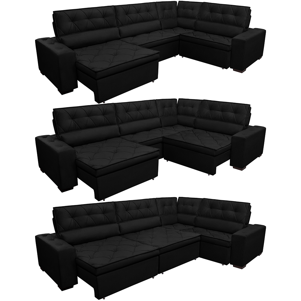 Sofá de Canto Retrátil, Reclinável, Molas Cama inBox Austin 3,45X2,44 ou 2,44X3,45 Suede Preto