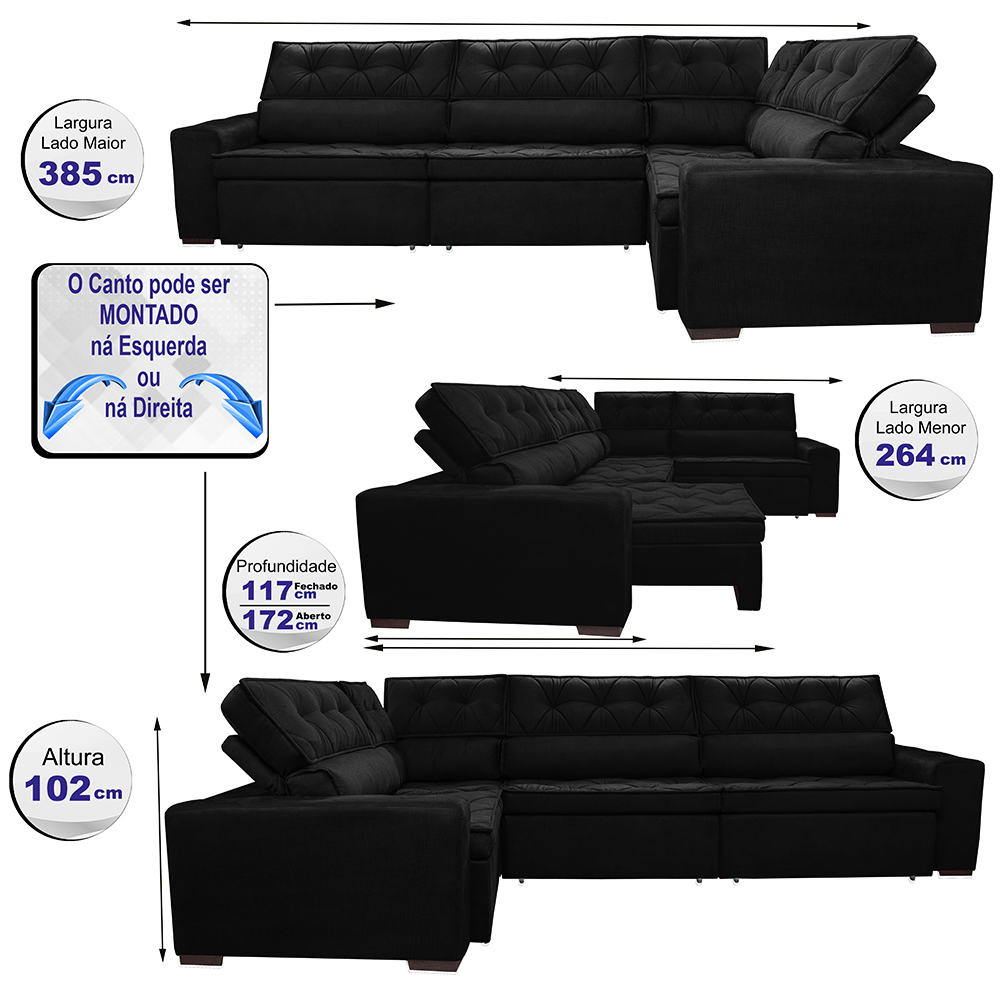 Sofá de Canto Retrátil, Reclinável, Molas Cama inBox Austin 3,85X2,64 ou 2,64X3,85 Suede Preto