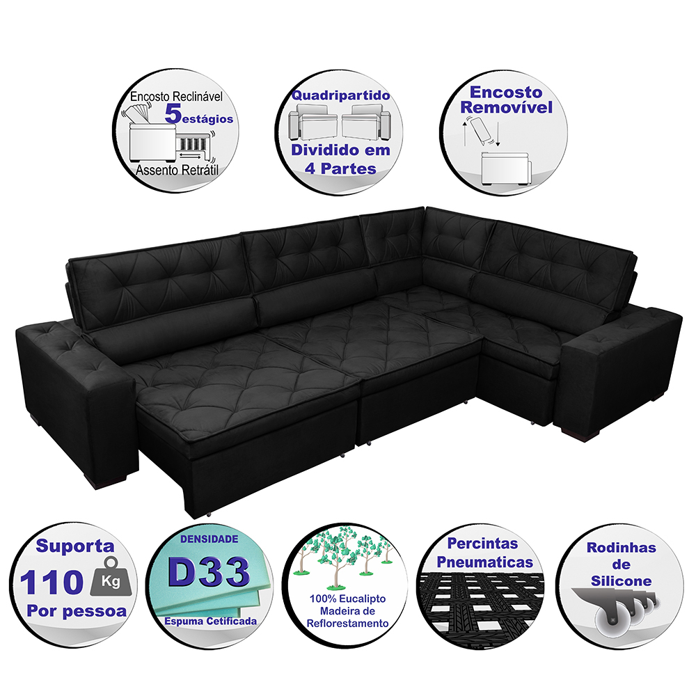 Sofá de Canto Retrátil, Reclinável, Molas Cama inBox Austin 3,85X2,64 ou 2,64X3,85 Suede Preto