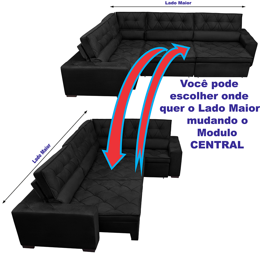 Sofá de Canto Retrátil, Reclinável, Molas Cama inBox Austin 3,85X2,64 ou 2,64X3,85 Suede Preto
