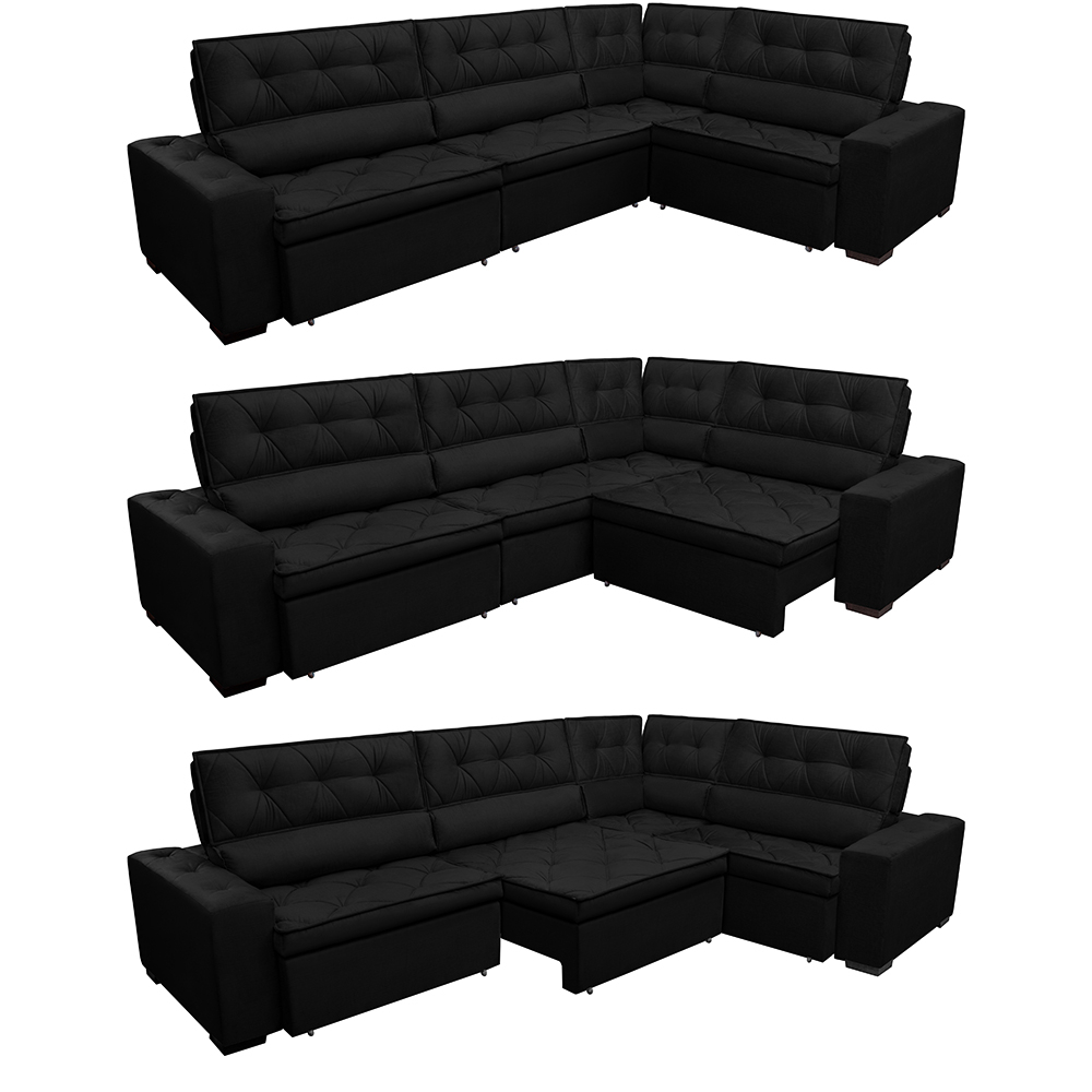 Sofá de Canto Retrátil, Reclinável, Molas Cama inBox Austin 3,85X2,64 ou 2,64X3,85 Suede Preto