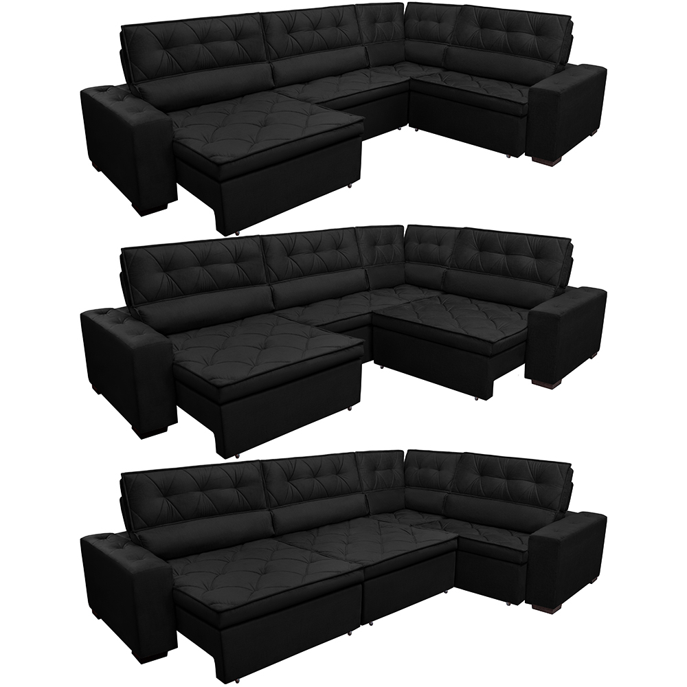 Sofá de Canto Retrátil, Reclinável, Molas Cama inBox Austin 3,85X2,64 ou 2,64X3,85 Suede Preto